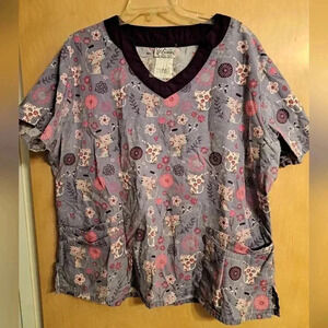 UA Scrubs Womens Top Twilight Purple XL Peaceful Kitten Polycotton Short Sleeve